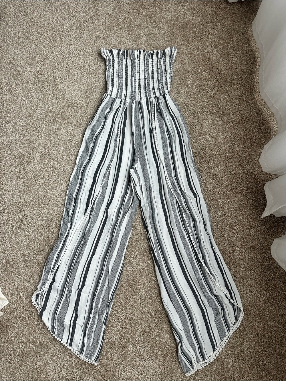 Striped Grey & White Strapless Wide-Leg Jumpsuit